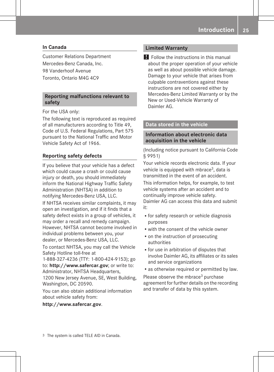 Reporting malfunctions relevant to safety, Limited warranty, Data stored in the vehicle | Introduction | Mercedes-Benz GL-Class 2012 Owners Manual User Manual | Page 27 / 384