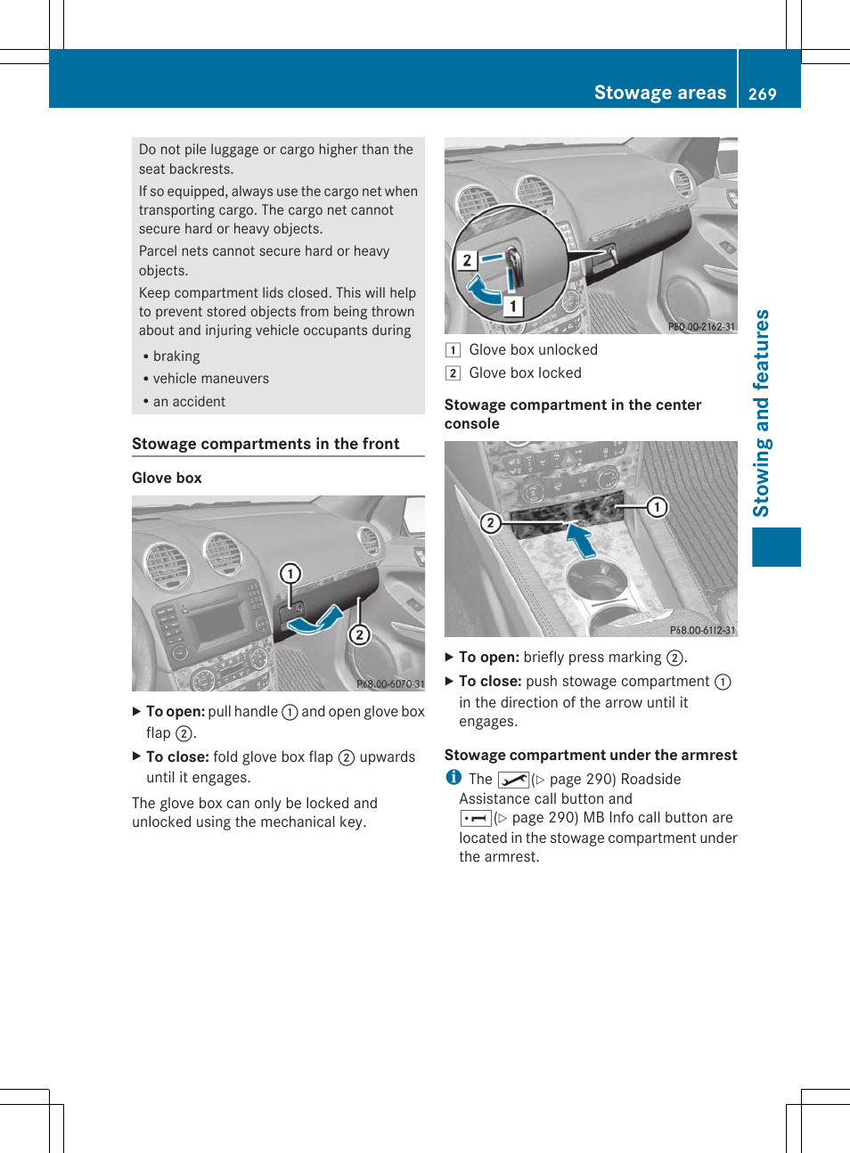 Stowing and features, Stowage areas | Mercedes-Benz GL-Class 2012 Owners Manual User Manual | Page 271 / 384