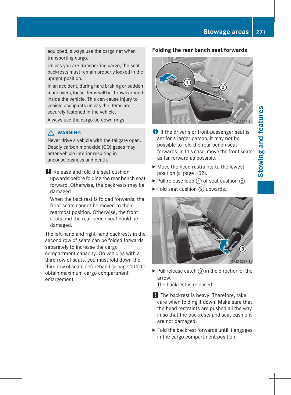 Stowing and features, Stowage areas | Mercedes-Benz GL-Class 2012 Owners Manual User Manual | Page 273 / 384