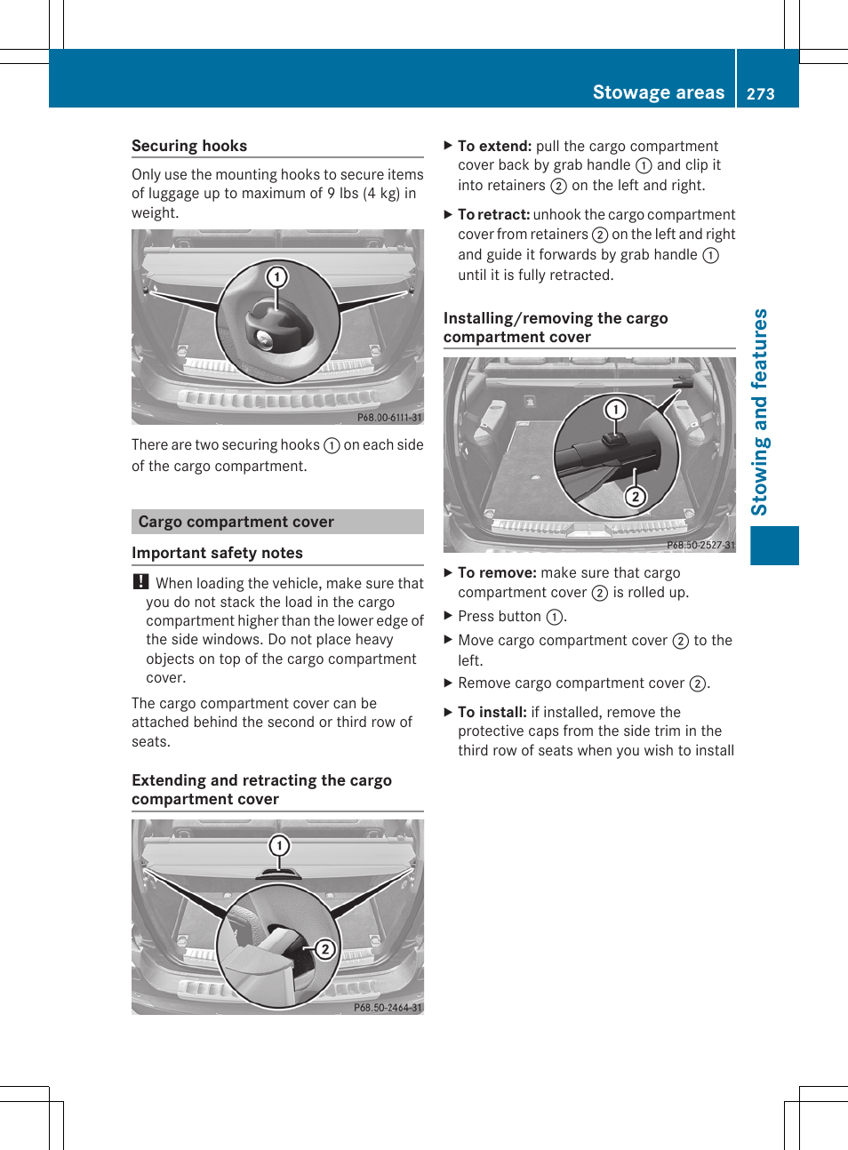 Cargo compartment cover, Stowing and features, Stowage areas | Mercedes-Benz GL-Class 2012 Owners Manual User Manual | Page 275 / 384