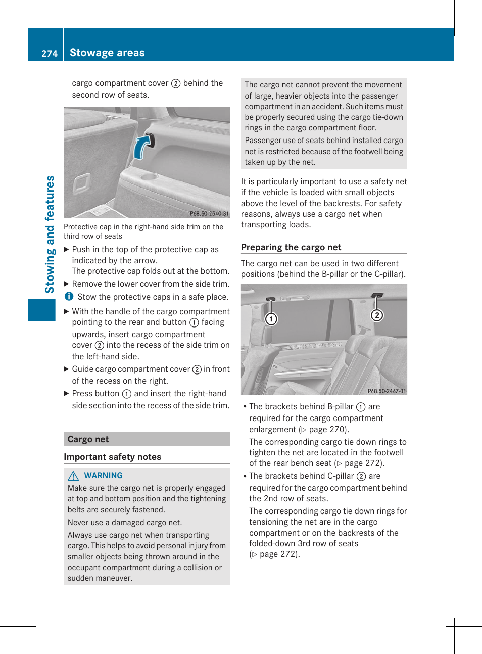 Cargo net, Stowing and features, Stowage areas | Mercedes-Benz GL-Class 2012 Owners Manual User Manual | Page 276 / 384