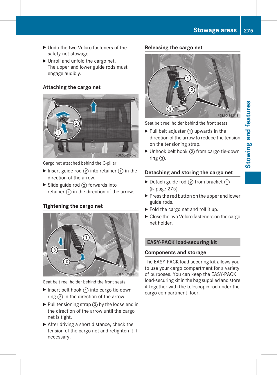 Easy-pack load-securing kit, Stowing and features, Stowage areas | Mercedes-Benz GL-Class 2012 Owners Manual User Manual | Page 277 / 384