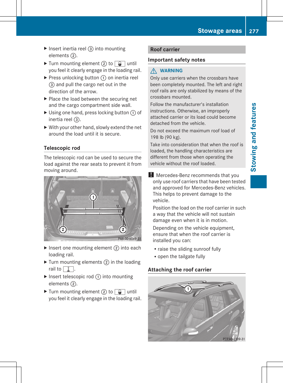 Roof carrier, Stowing and features, Stowage areas | Mercedes-Benz GL-Class 2012 Owners Manual User Manual | Page 279 / 384