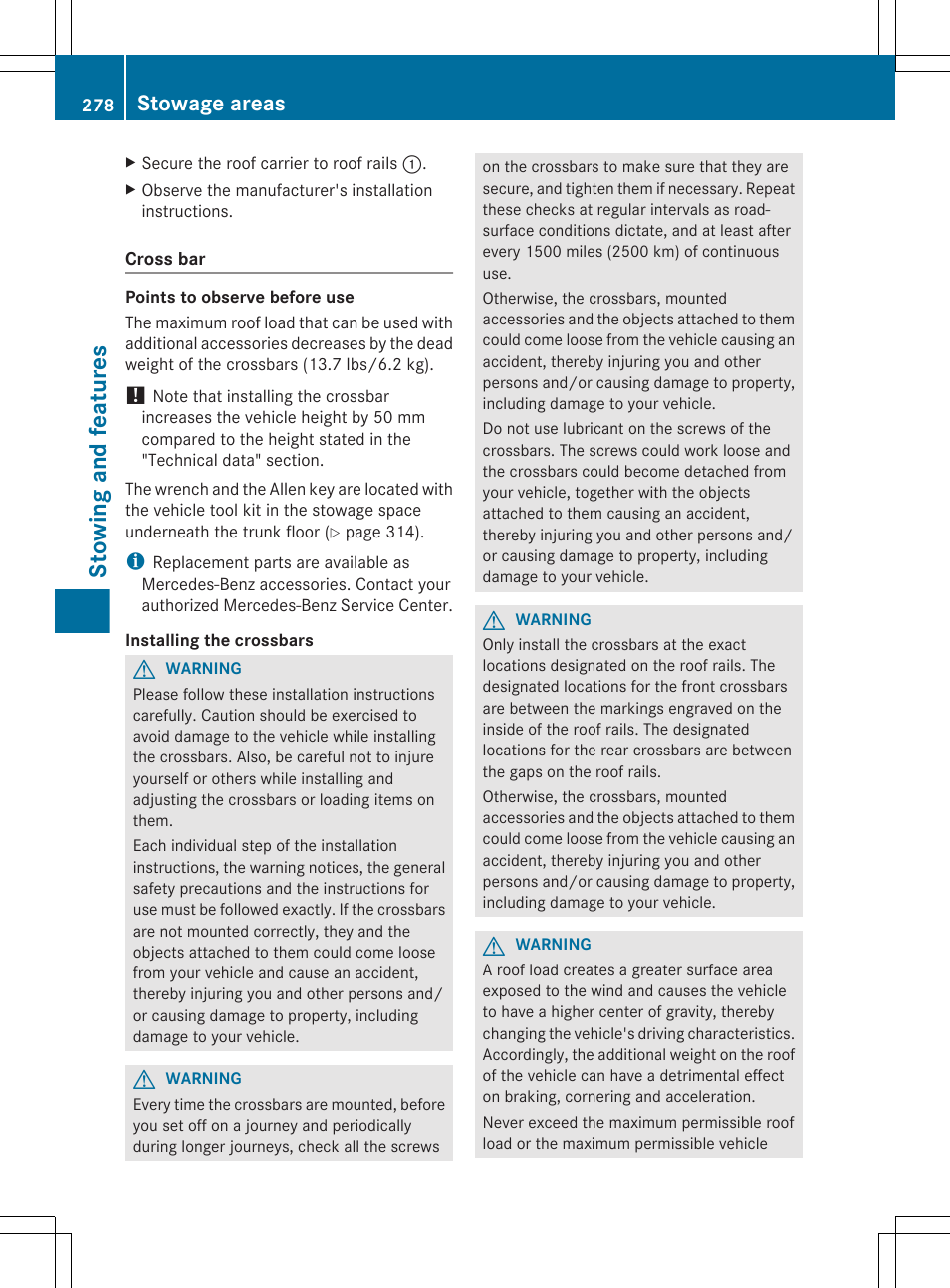 Stowing and features, Stowage areas | Mercedes-Benz GL-Class 2012 Owners Manual User Manual | Page 280 / 384