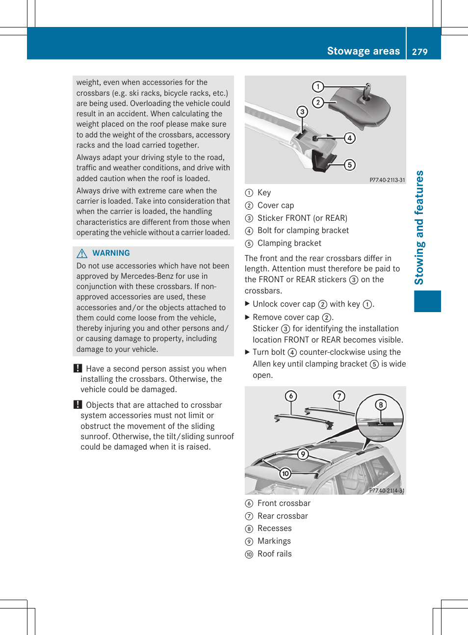 Stowing and features, Stowage areas | Mercedes-Benz GL-Class 2012 Owners Manual User Manual | Page 281 / 384