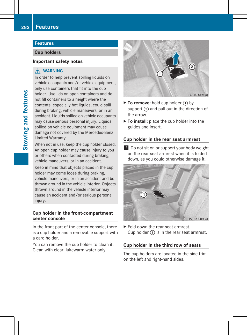 Features, Cup holders, Stowing and features | Mercedes-Benz GL-Class 2012 Owners Manual User Manual | Page 284 / 384