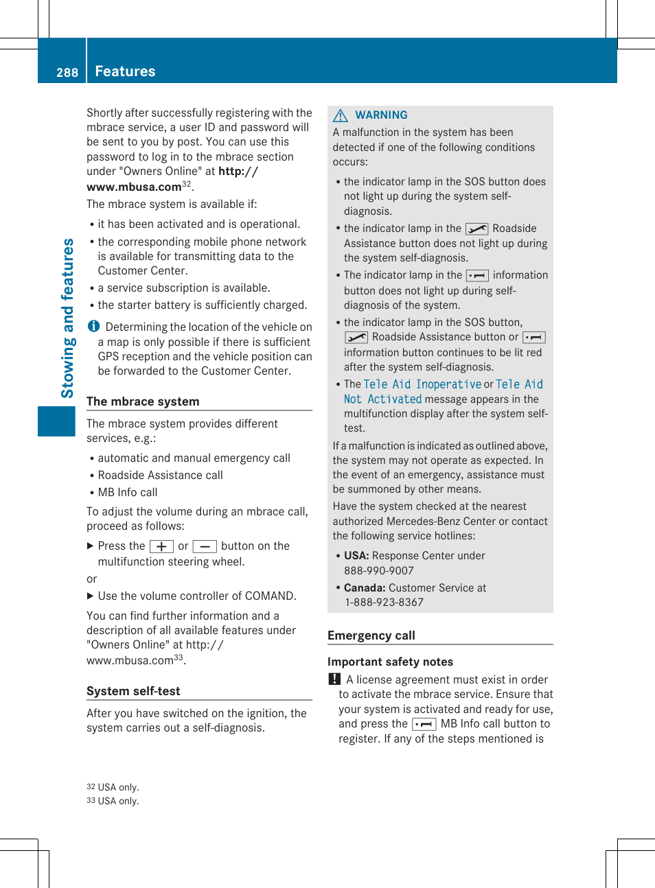 Stowing and features, Features | Mercedes-Benz GL-Class 2012 Owners Manual User Manual | Page 290 / 384