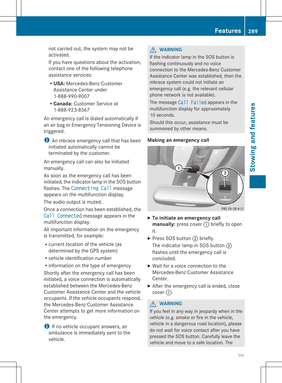Stowing and features, Features | Mercedes-Benz GL-Class 2012 Owners Manual User Manual | Page 291 / 384