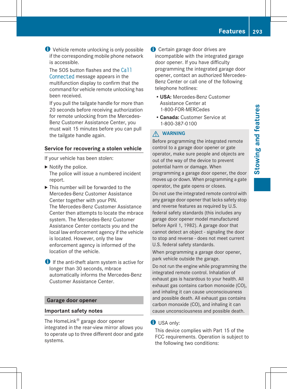 Garage door opener, Stowing and features, Features | Mercedes-Benz GL-Class 2012 Owners Manual User Manual | Page 295 / 384