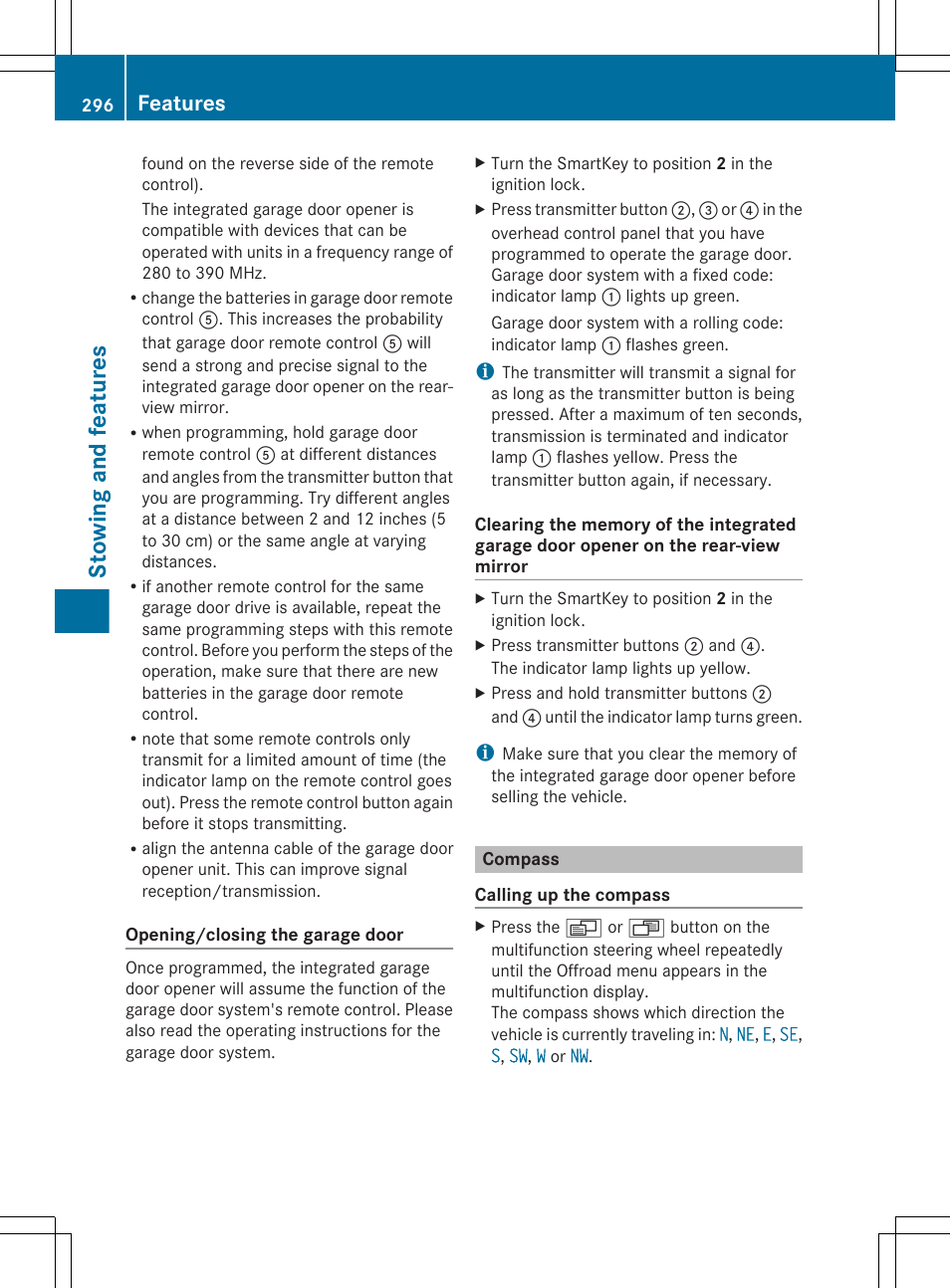 Compass, Compass display, Stowing and features | Features | Mercedes-Benz GL-Class 2012 Owners Manual User Manual | Page 298 / 384