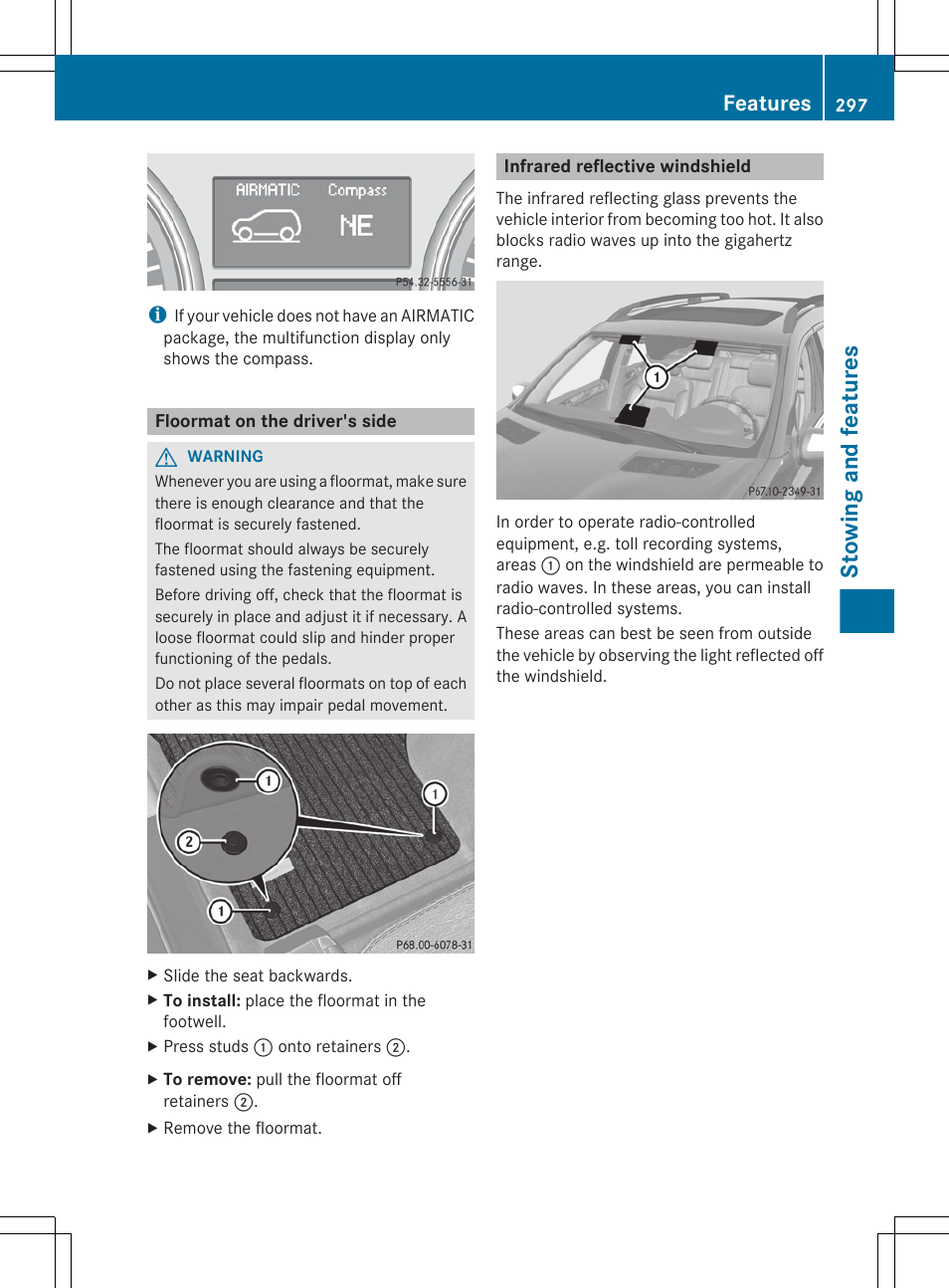 Floormat on the driver's side, Infrared reflective windshield, Stowing and features | Features | Mercedes-Benz GL-Class 2012 Owners Manual User Manual | Page 299 / 384