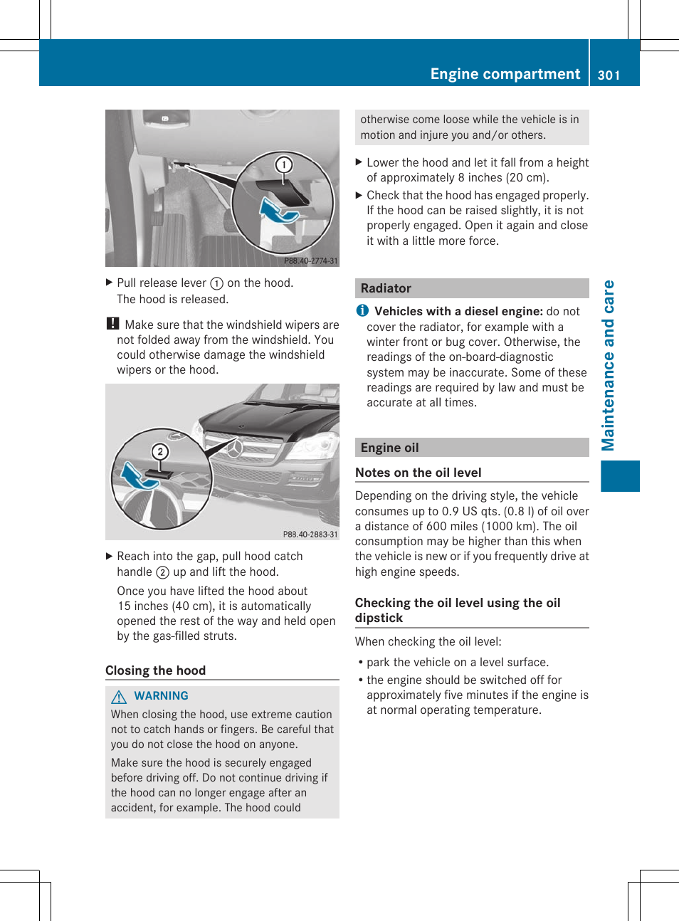 Radiator, Engine oil, Check the oil level | Maintenance and care, Engine compartment | Mercedes-Benz GL-Class 2012 Owners Manual User Manual | Page 303 / 384