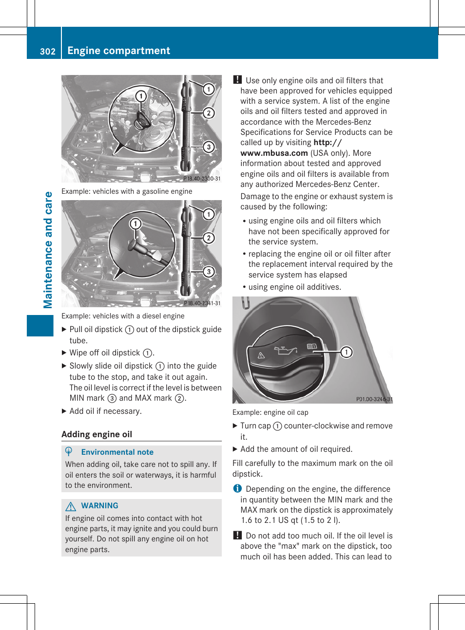Maintenance and care, Engine compartment | Mercedes-Benz GL-Class 2012 Owners Manual User Manual | Page 304 / 384
