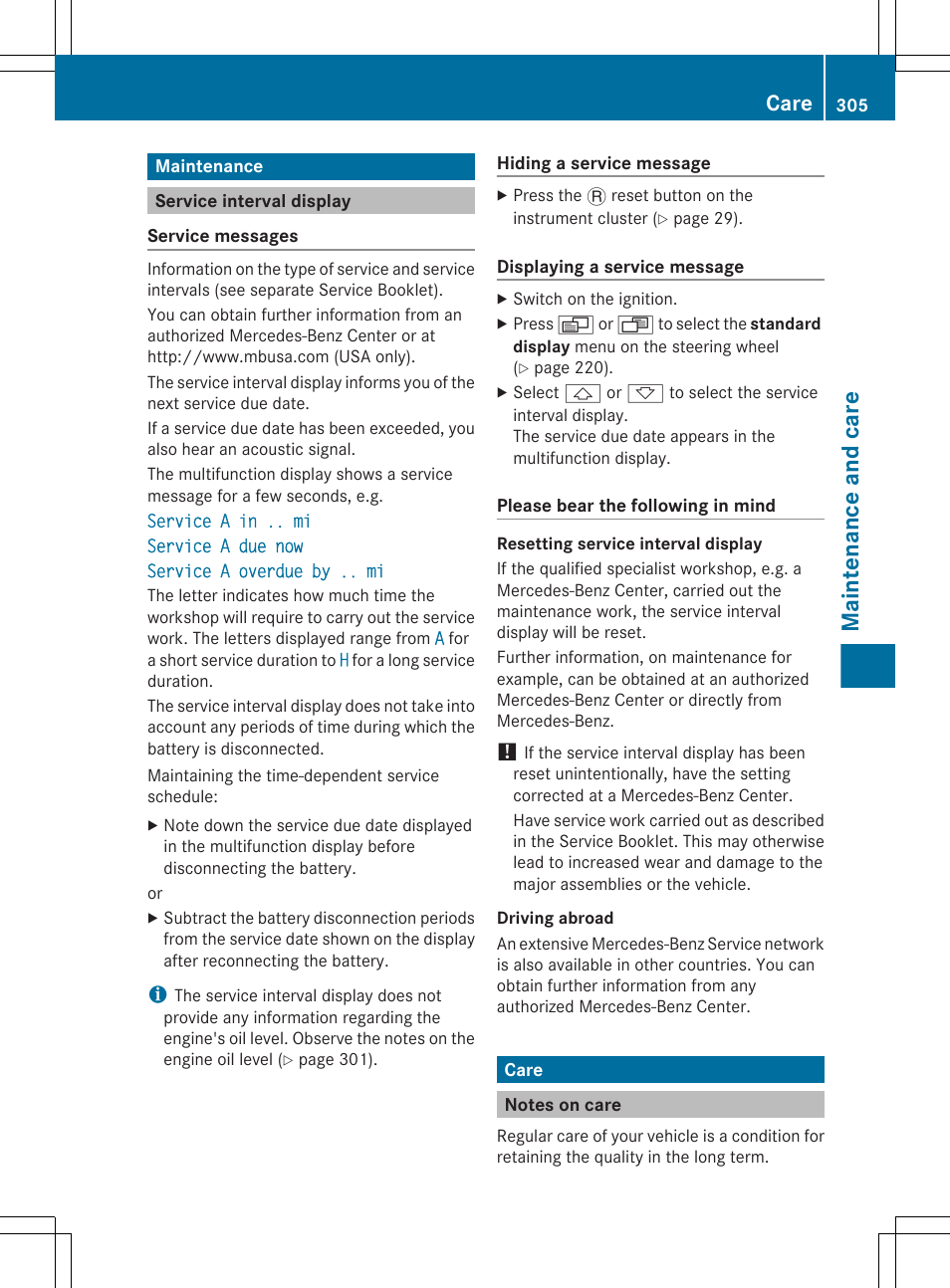 Maintenance, Service interval display, Care | Notes on care, Assyst plus service interval display, Maintenance and care | Mercedes-Benz GL-Class 2012 Owners Manual User Manual | Page 307 / 384