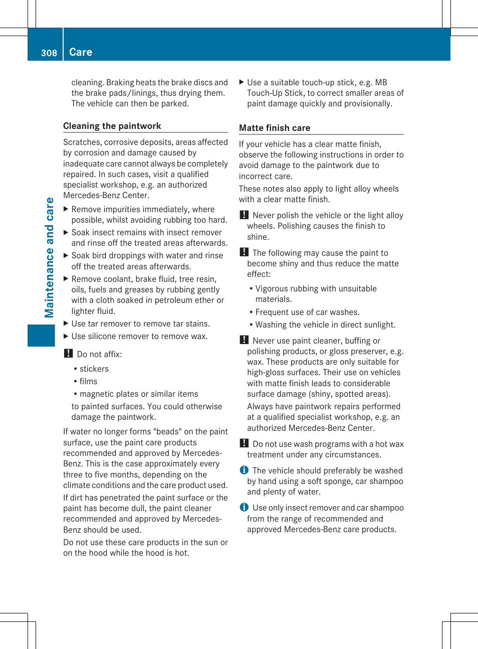 Maintenance and care, Care | Mercedes-Benz GL-Class 2012 Owners Manual User Manual | Page 310 / 384