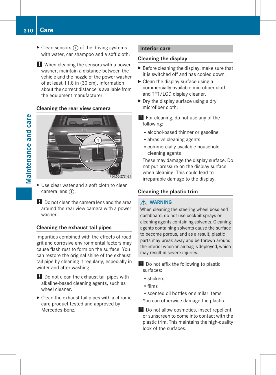 Interior care, Maintenance and care, Care | Mercedes-Benz GL-Class 2012 Owners Manual User Manual | Page 312 / 384