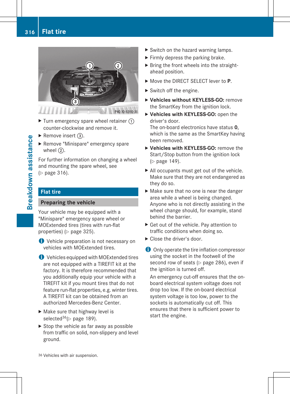 Flat tire, Preparing the vehicle, Breakdown assistance | Mercedes-Benz GL-Class 2012 Owners Manual User Manual | Page 318 / 384