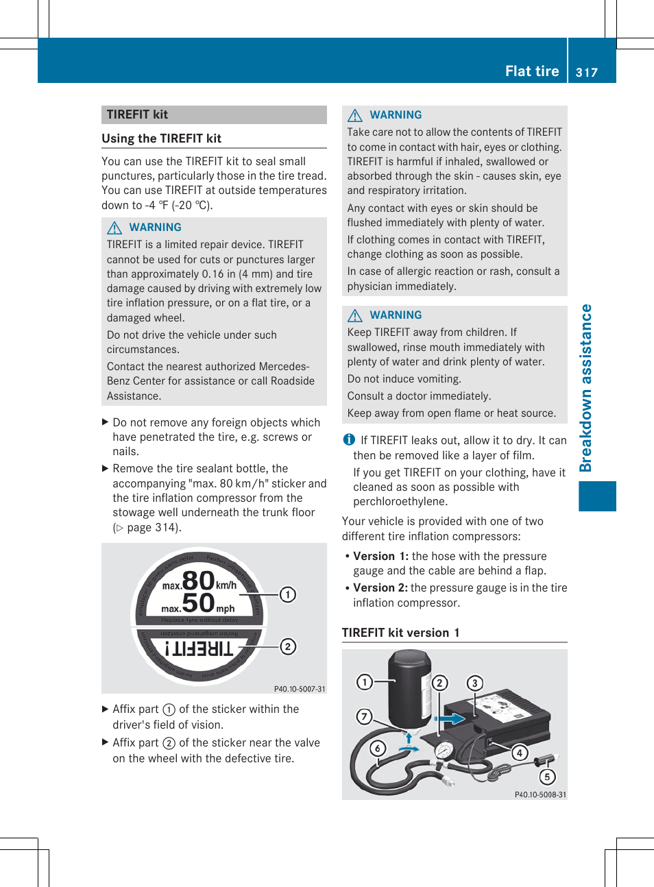 Tirefit kit, Breakdown assistance, Flat tire | Mercedes-Benz GL-Class 2012 Owners Manual User Manual | Page 319 / 384
