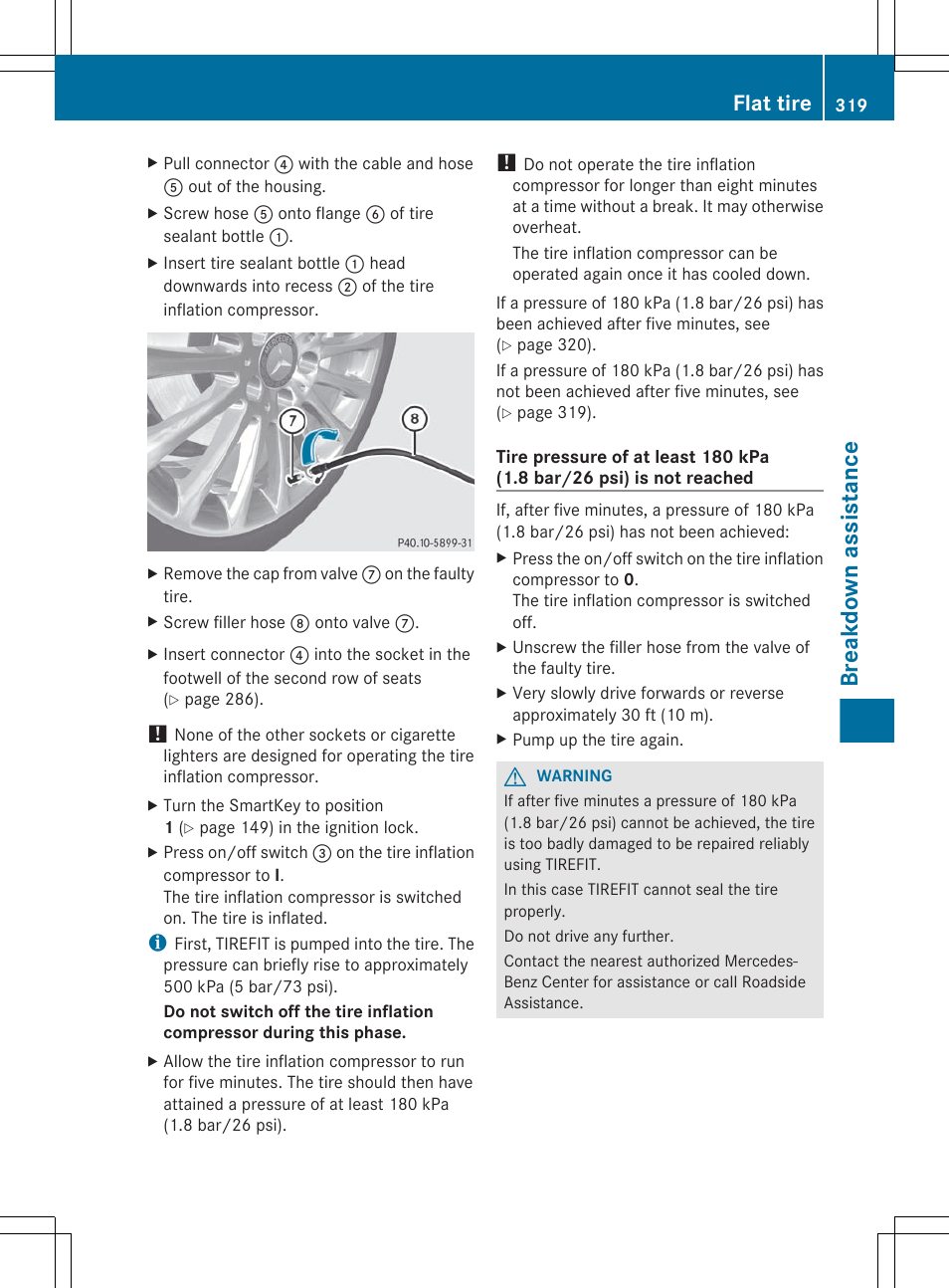 Breakdown assistance, Flat tire | Mercedes-Benz GL-Class 2012 Owners Manual User Manual | Page 321 / 384