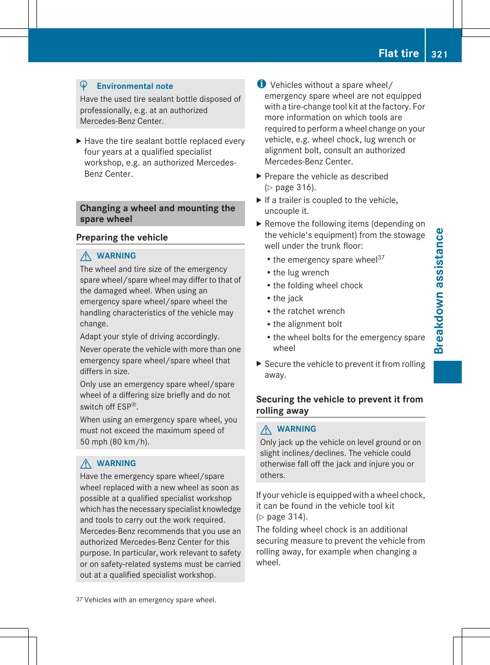 Changing a wheel and mounting the spare wheel, Breakdown assistance, Flat tire | Mercedes-Benz GL-Class 2012 Owners Manual User Manual | Page 323 / 384