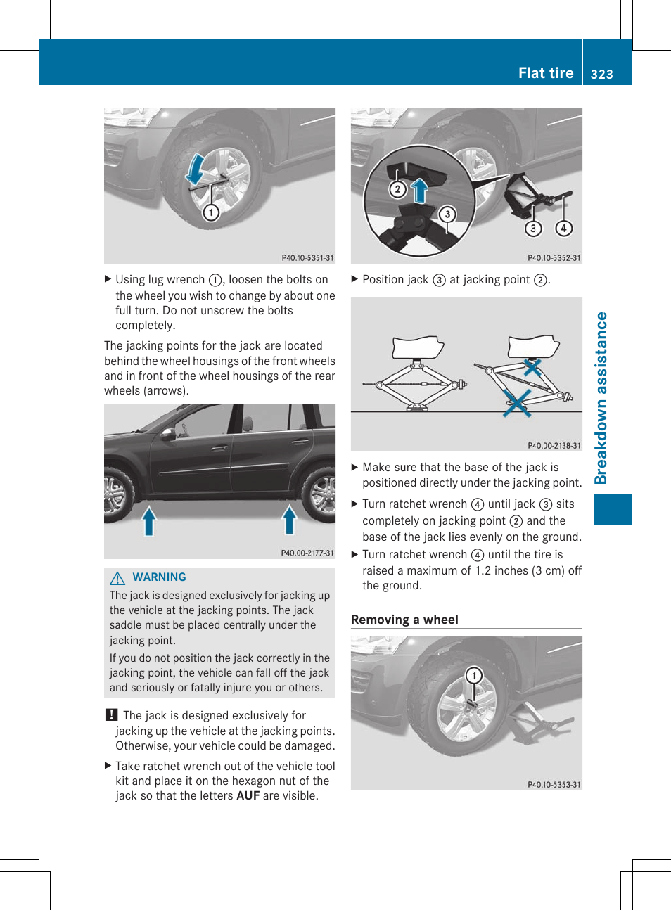 Breakdown assistance, Flat tire | Mercedes-Benz GL-Class 2012 Owners Manual User Manual | Page 325 / 384