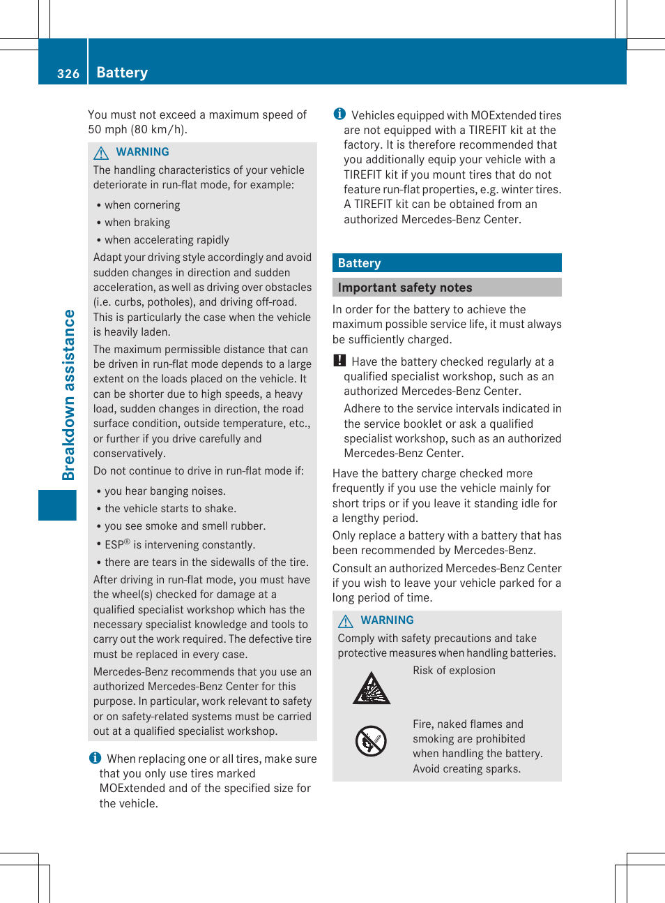 Battery, Important safety notes, Breakdown assistance | Mercedes-Benz GL-Class 2012 Owners Manual User Manual | Page 328 / 384