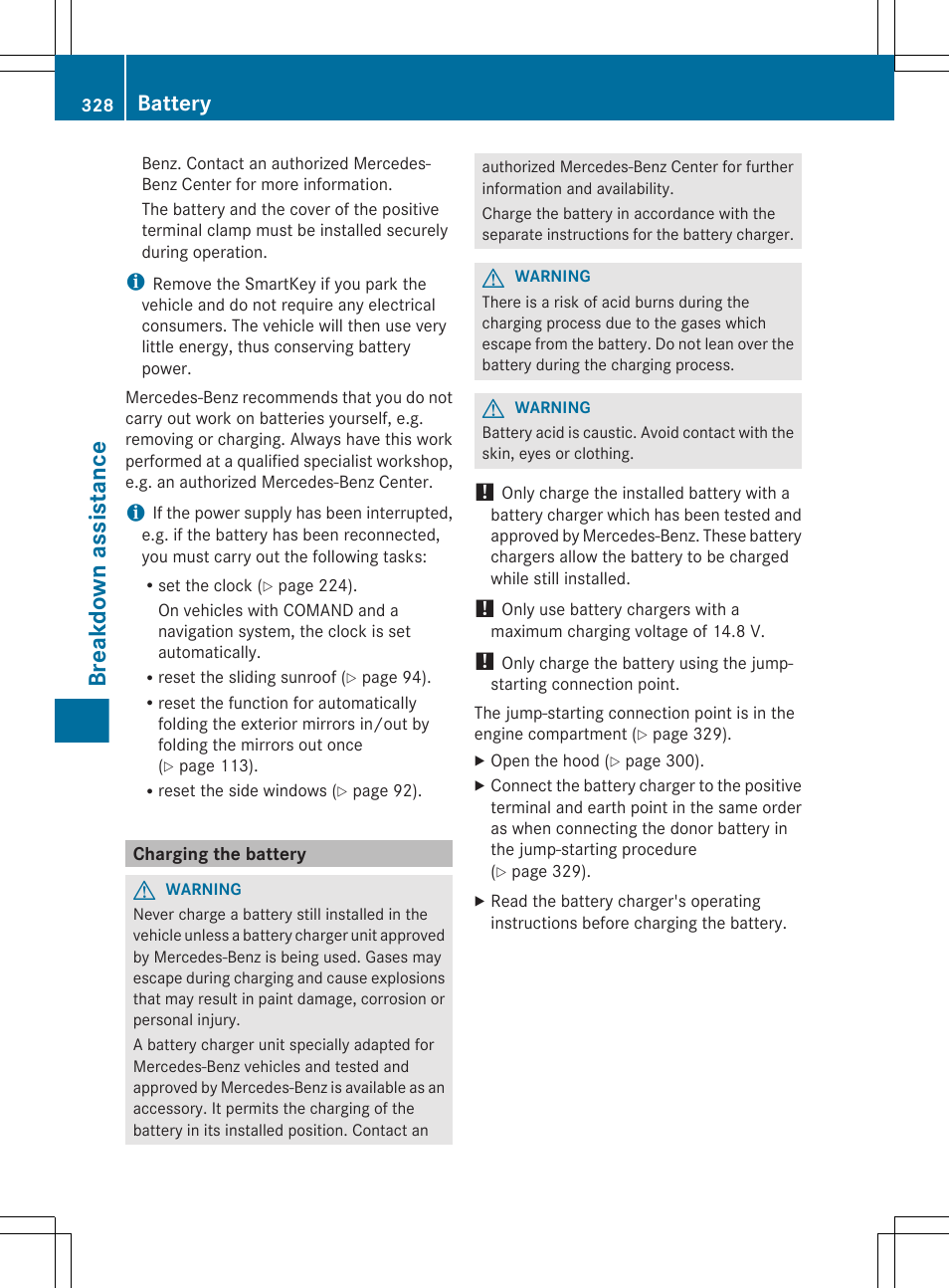 Charging the battery, Breakdown assistance, Battery | Mercedes-Benz GL-Class 2012 Owners Manual User Manual | Page 330 / 384