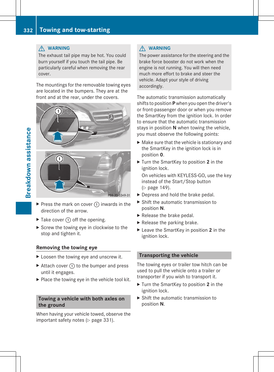 Towing a vehicle with both axles on the ground, Transporting the vehicle, Breakdown assistance | Towing and tow-starting | Mercedes-Benz GL-Class 2012 Owners Manual User Manual | Page 334 / 384