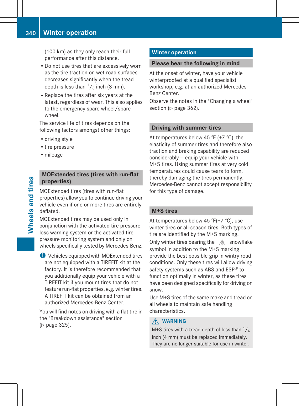 Moextended tires (tires with run-flat properties), Winter operation, Please bear the following in mind | Driving with summer tires, M+s tires, Wheels and tires | Mercedes-Benz GL-Class 2012 Owners Manual User Manual | Page 342 / 384