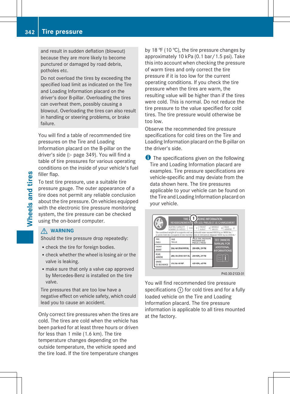 Wheels and tires, Tire pressure | Mercedes-Benz GL-Class 2012 Owners Manual User Manual | Page 344 / 384