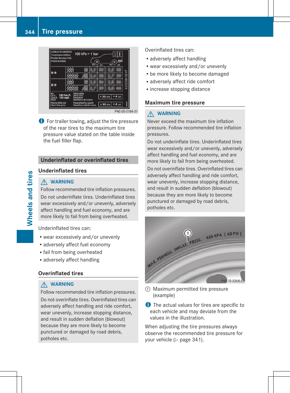 Underinflated or overinflated tires, Wheels and tires, Tire pressure | Mercedes-Benz GL-Class 2012 Owners Manual User Manual | Page 346 / 384
