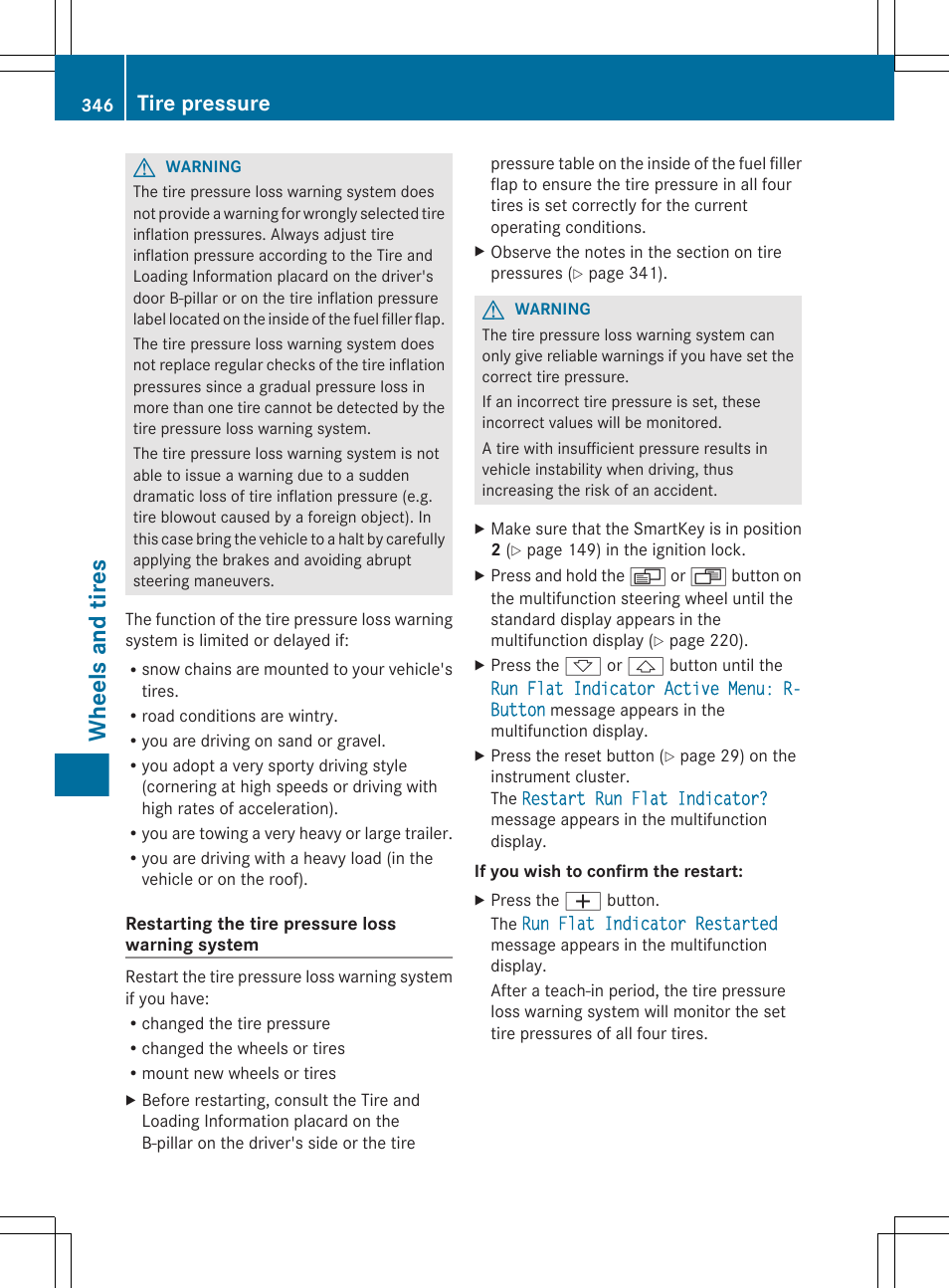 Wheels and tires, Tire pressure | Mercedes-Benz GL-Class 2012 Owners Manual User Manual | Page 348 / 384