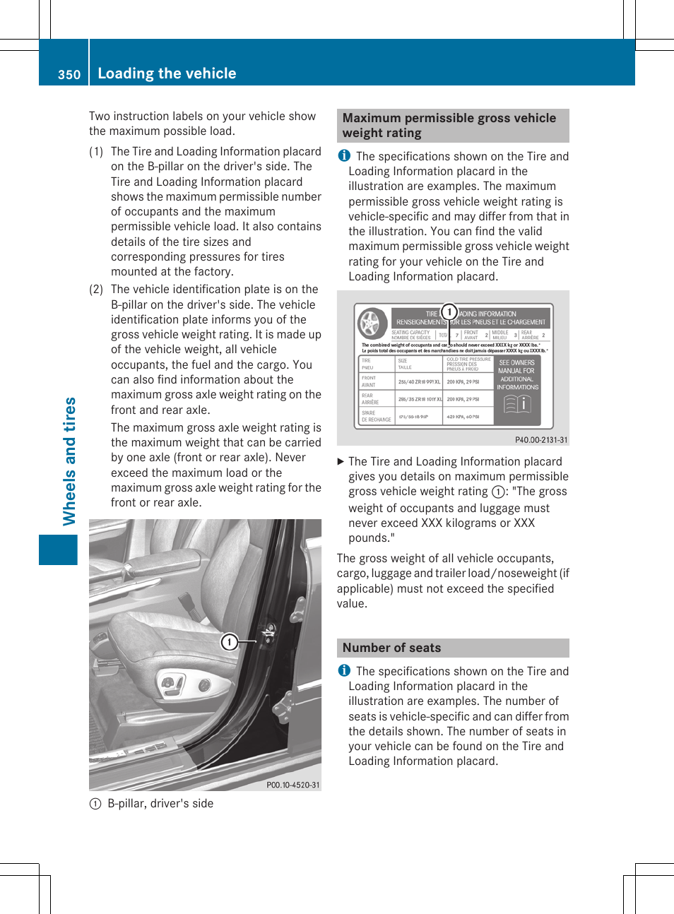 Maximum permissible gross vehicle weight rating, Number of seats, Wheels and tires | Loading the vehicle | Mercedes-Benz GL-Class 2012 Owners Manual User Manual | Page 352 / 384