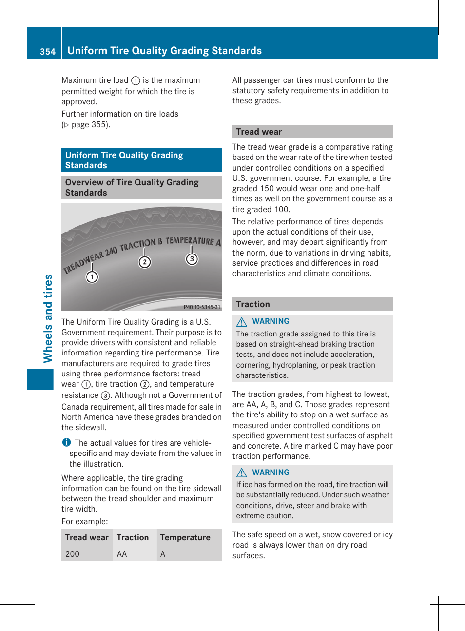 Uniform tire quality grading standards, Overview of tire quality grading standards, Tread wear | Traction, Wheels and tires | Mercedes-Benz GL-Class 2012 Owners Manual User Manual | Page 356 / 384