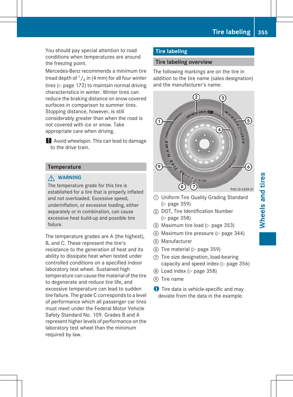 Temperature, Tire labeling, Tire labeling overview | Wheels and tires | Mercedes-Benz GL-Class 2012 Owners Manual User Manual | Page 357 / 384