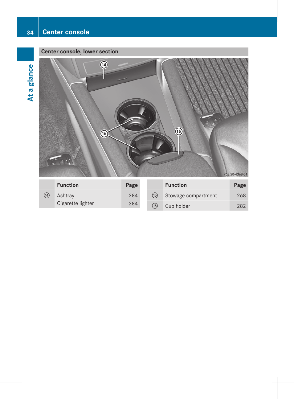 Center console, lower section, At a glance, Center console | Mercedes-Benz GL-Class 2012 Owners Manual User Manual | Page 36 / 384