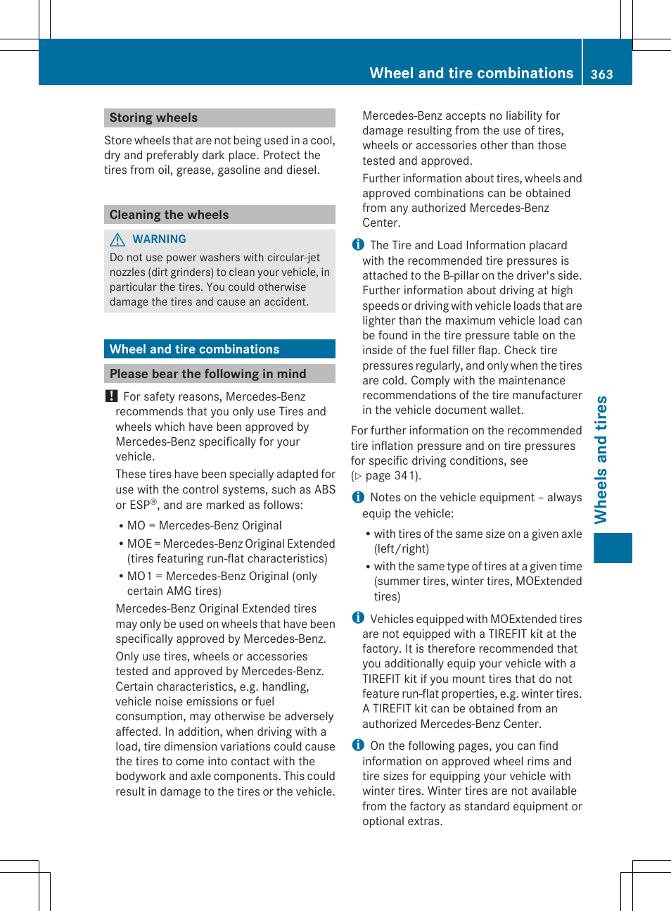 Storing wheels, Cleaning the wheels, Wheel and tire combinations | Please bear the following in mind, Section, Wheels and tires | Mercedes-Benz GL-Class 2012 Owners Manual User Manual | Page 365 / 384