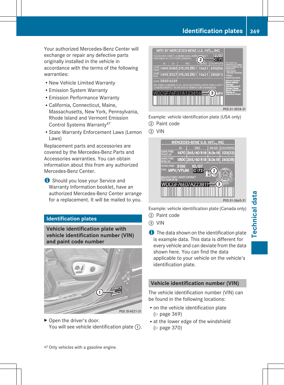 Identification plates, Vehicle identification number (vin), Number (vin) | Technical data | Mercedes-Benz GL-Class 2012 Owners Manual User Manual | Page 371 / 384