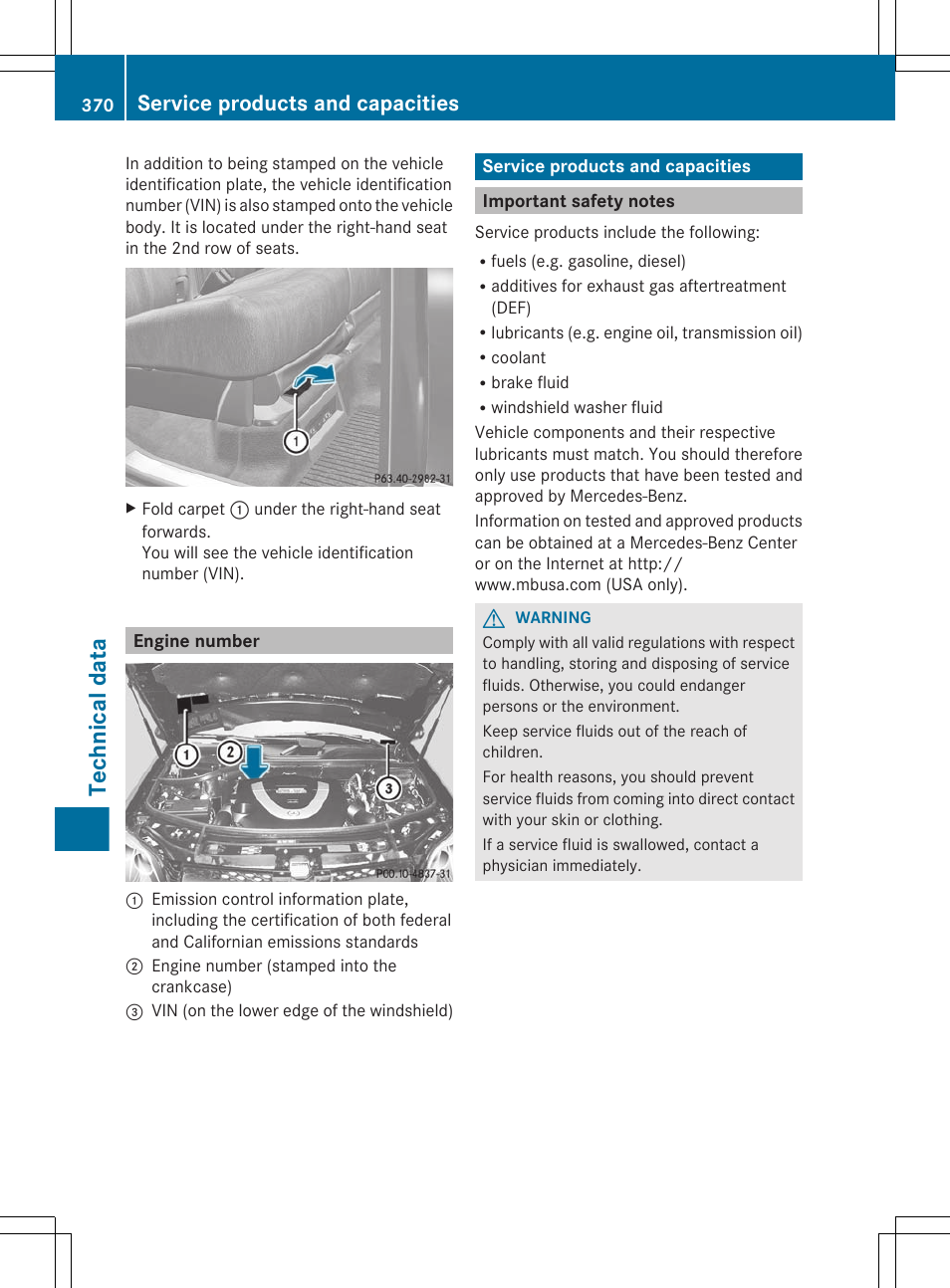 Engine number, Service products and capacities, Important safety notes | Number, Technical data | Mercedes-Benz GL-Class 2012 Owners Manual User Manual | Page 372 / 384
