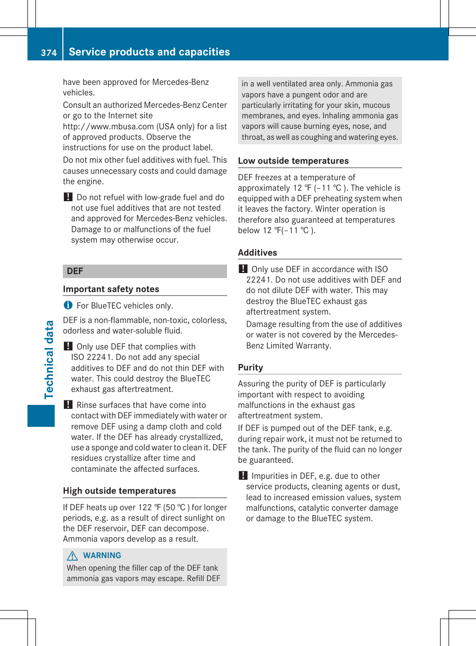 Technical data, Service products and capacities | Mercedes-Benz GL-Class 2012 Owners Manual User Manual | Page 376 / 384