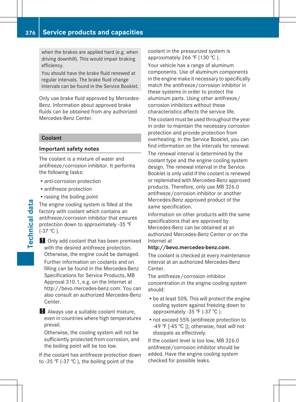 Coolant, Technical data, Service products and capacities | Mercedes-Benz GL-Class 2012 Owners Manual User Manual | Page 378 / 384