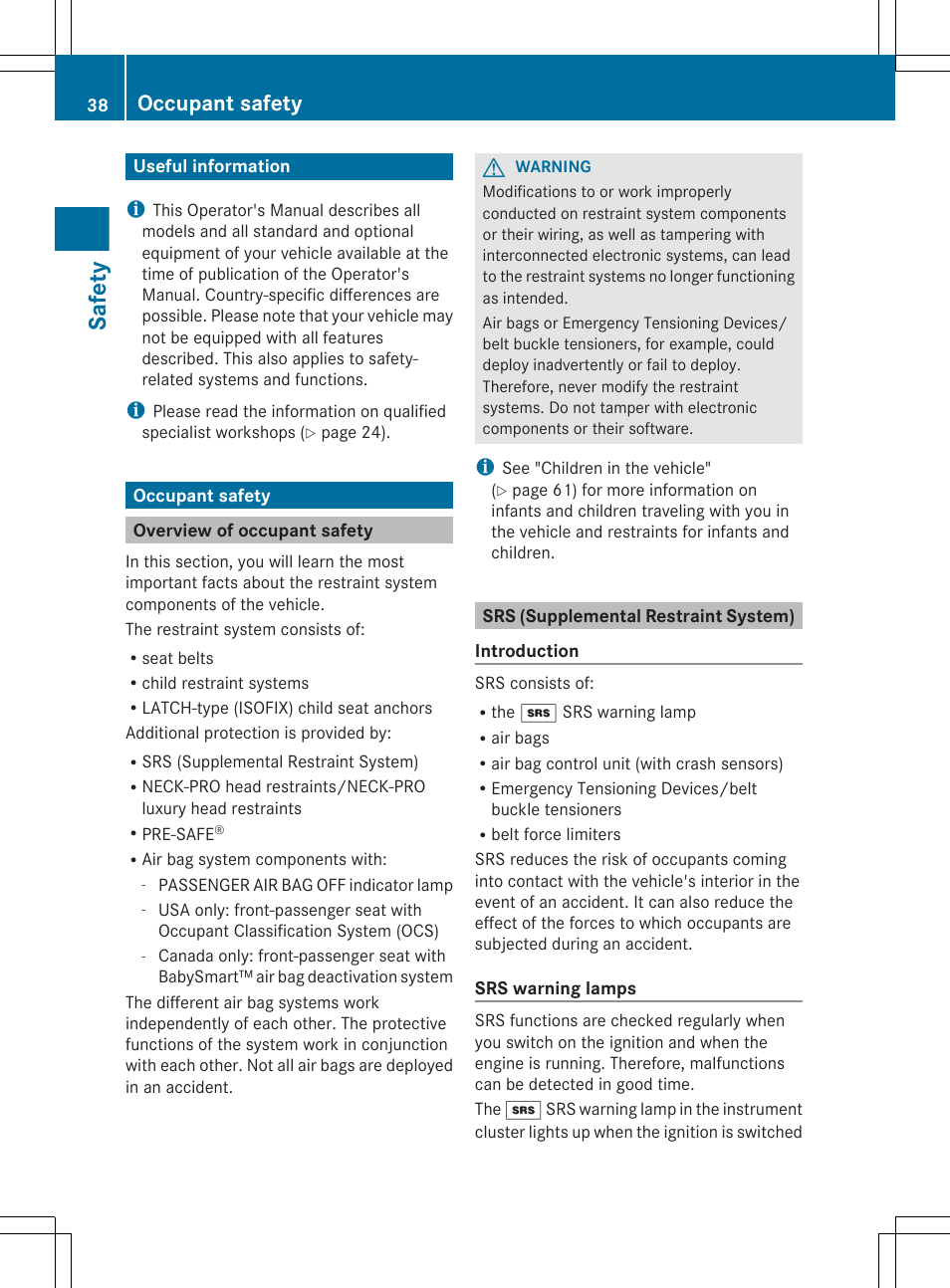 Safety, Useful information, Occupant safety | Overview of occupant safety, Srs (supplemental restraint system) | Mercedes-Benz GL-Class 2012 Owners Manual User Manual | Page 40 / 384