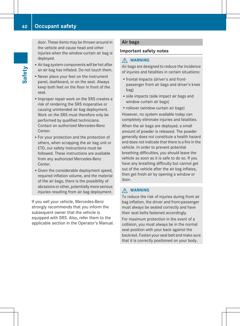 Air bags, Safety, Occupant safety | Mercedes-Benz GL-Class 2012 Owners Manual User Manual | Page 42 / 384