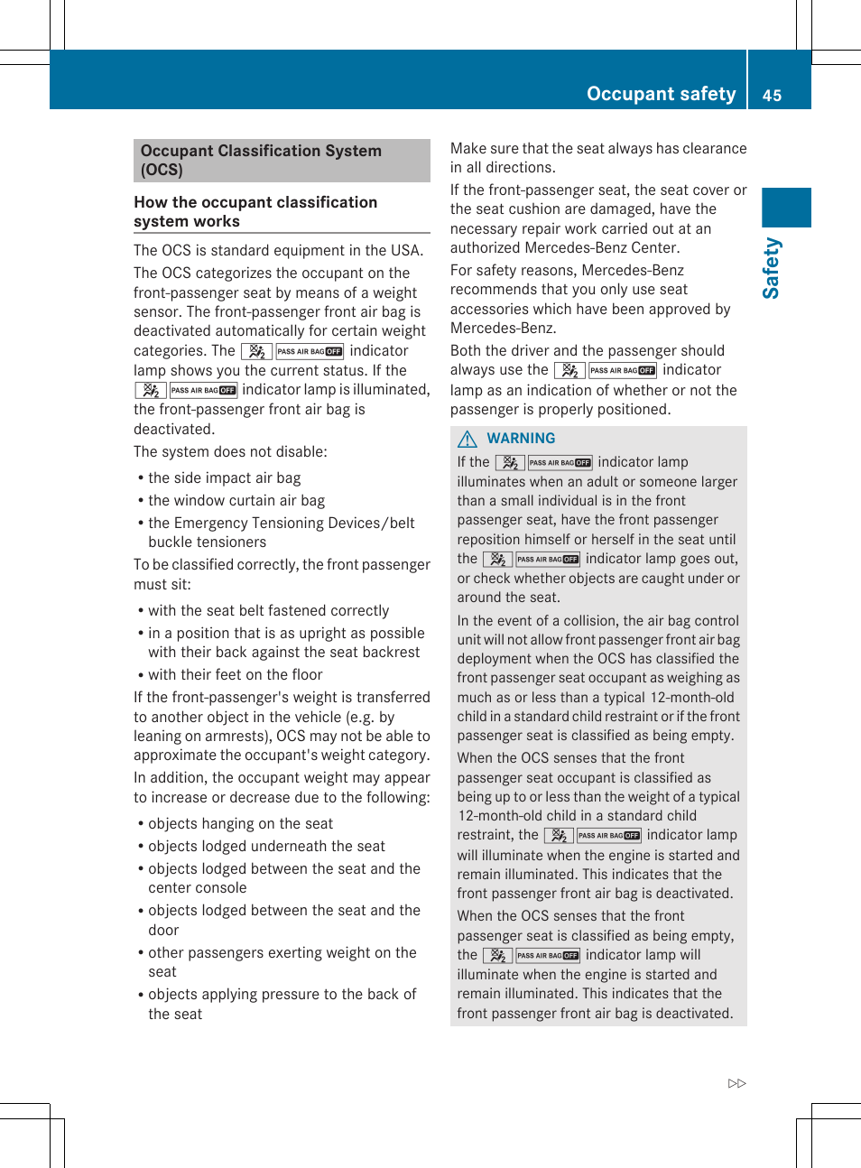 Occupant classification system (ocs), Safety, Occupant safety | Mercedes-Benz GL-Class 2012 Owners Manual User Manual | Page 47 / 384