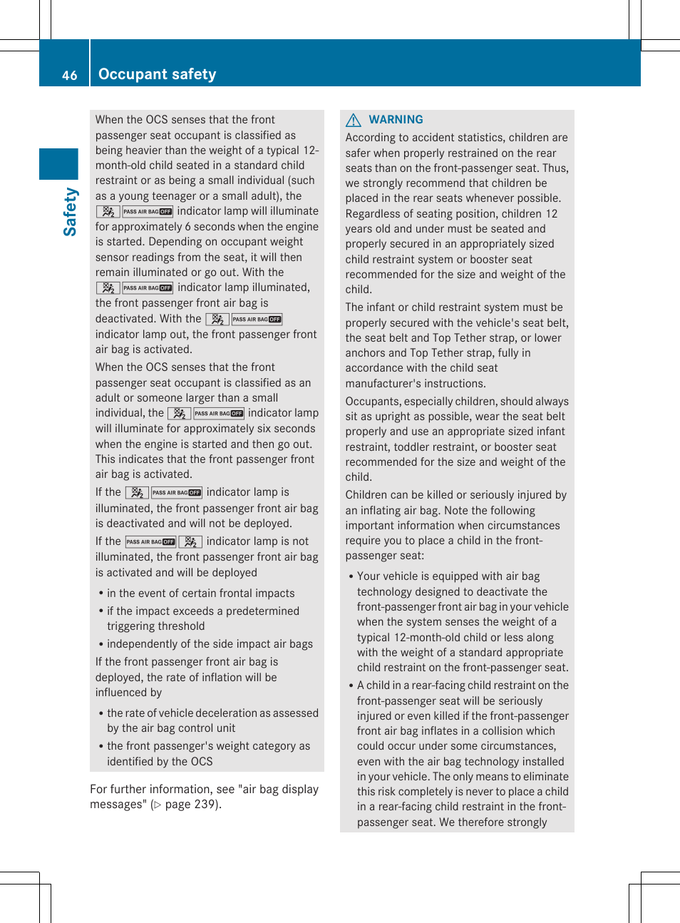 Safety, Occupant safety | Mercedes-Benz GL-Class 2012 Owners Manual User Manual | Page 48 / 384