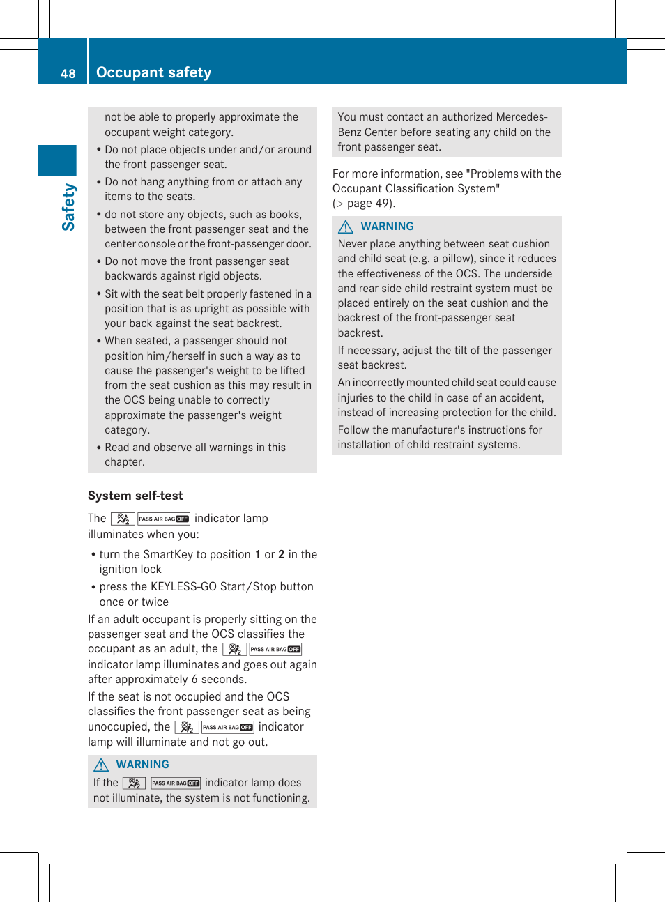 Safety, Occupant safety | Mercedes-Benz GL-Class 2012 Owners Manual User Manual | Page 50 / 384