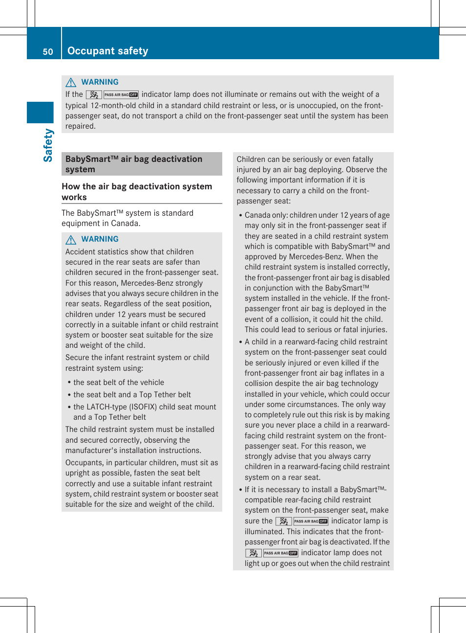 Babysmart™ air bag deactivation system, Safety, Occupant safety | Mercedes-Benz GL-Class 2012 Owners Manual User Manual | Page 52 / 384