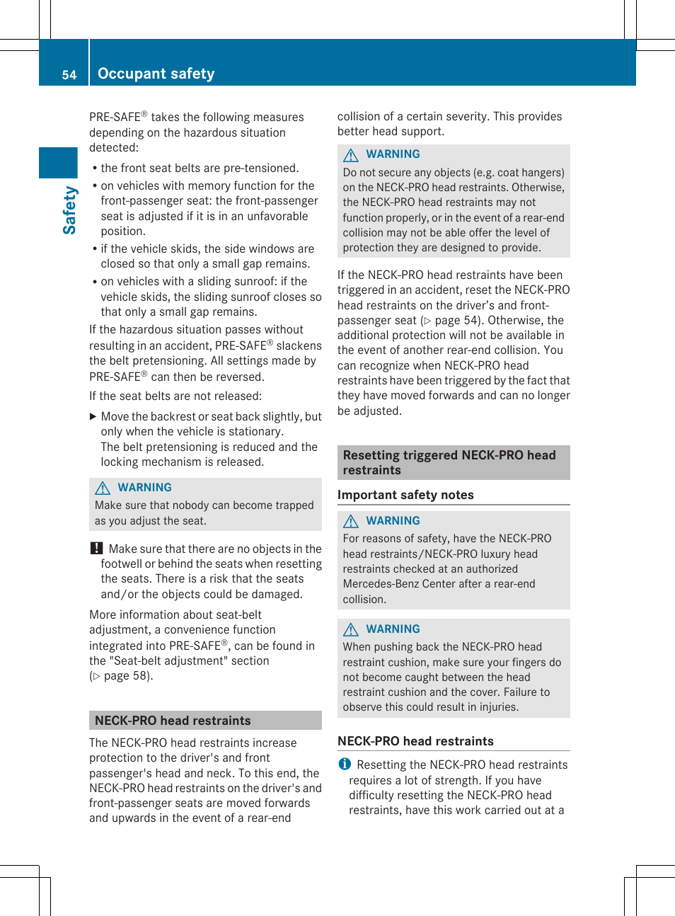 Neck-pro head restraints, Resetting triggered neck-pro head restraints, Safety | Occupant safety | Mercedes-Benz GL-Class 2012 Owners Manual User Manual | Page 56 / 384