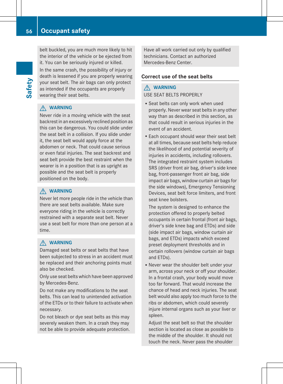 Safety, Occupant safety | Mercedes-Benz GL-Class 2012 Owners Manual User Manual | Page 58 / 384