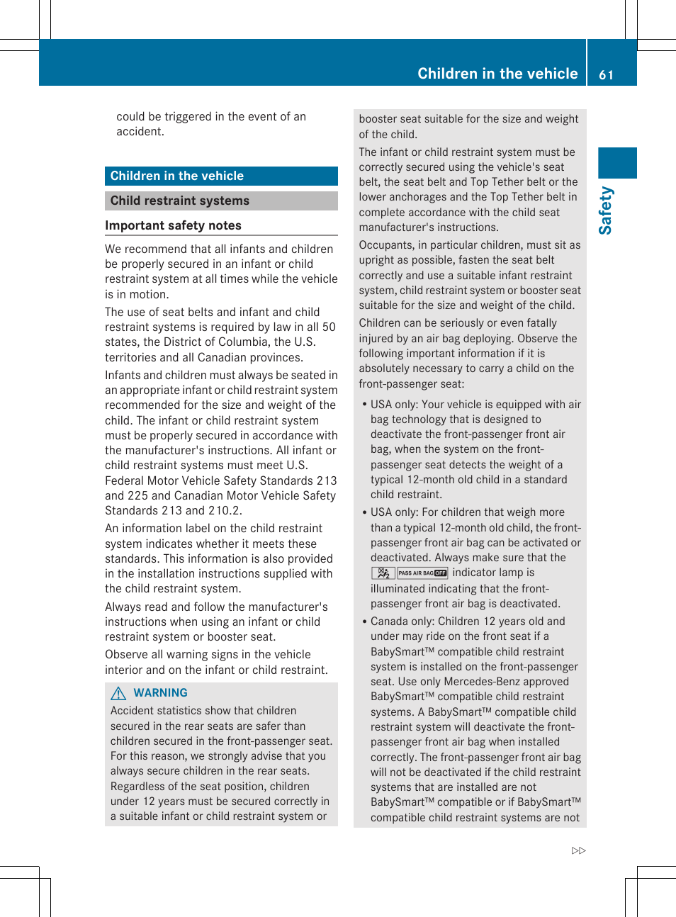 Children in the vehicle, Child restraint systems, Safety | Mercedes-Benz GL-Class 2012 Owners Manual User Manual | Page 63 / 384